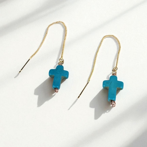 18K Gold Plated Turquoise Cross Brass Threader Earrings Dainty - Picture 1 of 4
